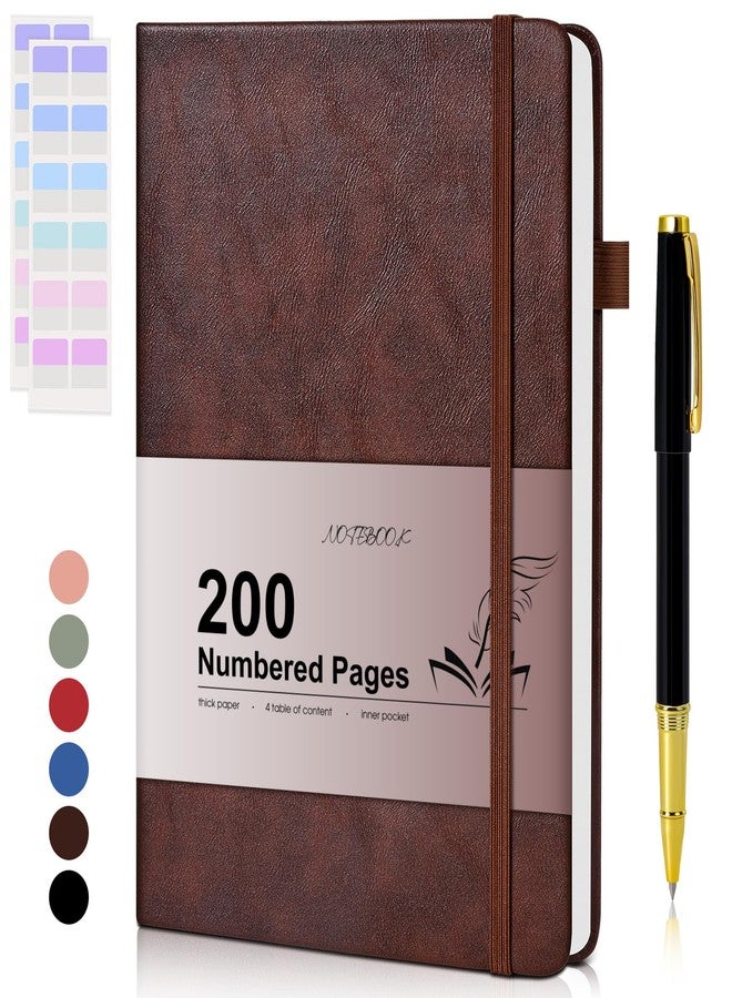 MemoGem Lined Journal Notebook for Men Women, 200 Numbered Pages Leather Hardcover Journal with Pen, A5 Journaling Notebooks, Thick Paper College Ruled Journals for Writing Work Business 5.75'' X 8.38'' Brown - Image 1
