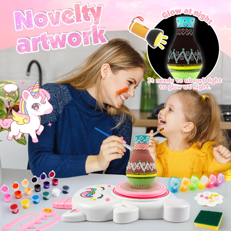 Rhybor Pottery Wheel Kit for Kids with Glow Paints, Complete Pottery Arts Crafts Toys for Girls 8-12, Art Supplies for Kids 6 7 8 9 10 11 12 Toys Girls Birthday with Drawing Molds Tablecloth Air Dry Clay - Image 5