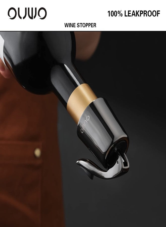 سدادة زجاجة نبيذ من الفولاذ المقاوم للصدأ من OUWO، مزودة بسدادة سيليكون قابلة لإعادة الاستخدام، مانعة للتسرب، تحافظ على نضارة النبيذ، هدية مثالية، لون أسود معدني، عبوة من قطعتين - Image 2