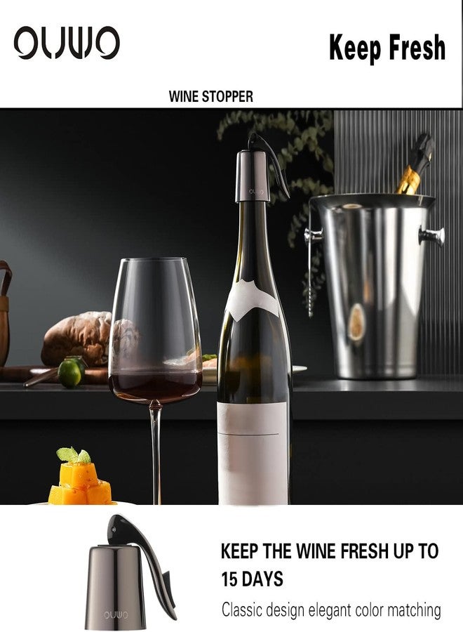 سدادة زجاجة نبيذ من الفولاذ المقاوم للصدأ من OUWO، مزودة بسدادة سيليكون قابلة لإعادة الاستخدام، مانعة للتسرب، تحافظ على نضارة النبيذ، هدية مثالية، لون أسود معدني، عبوة من قطعتين - Image 4