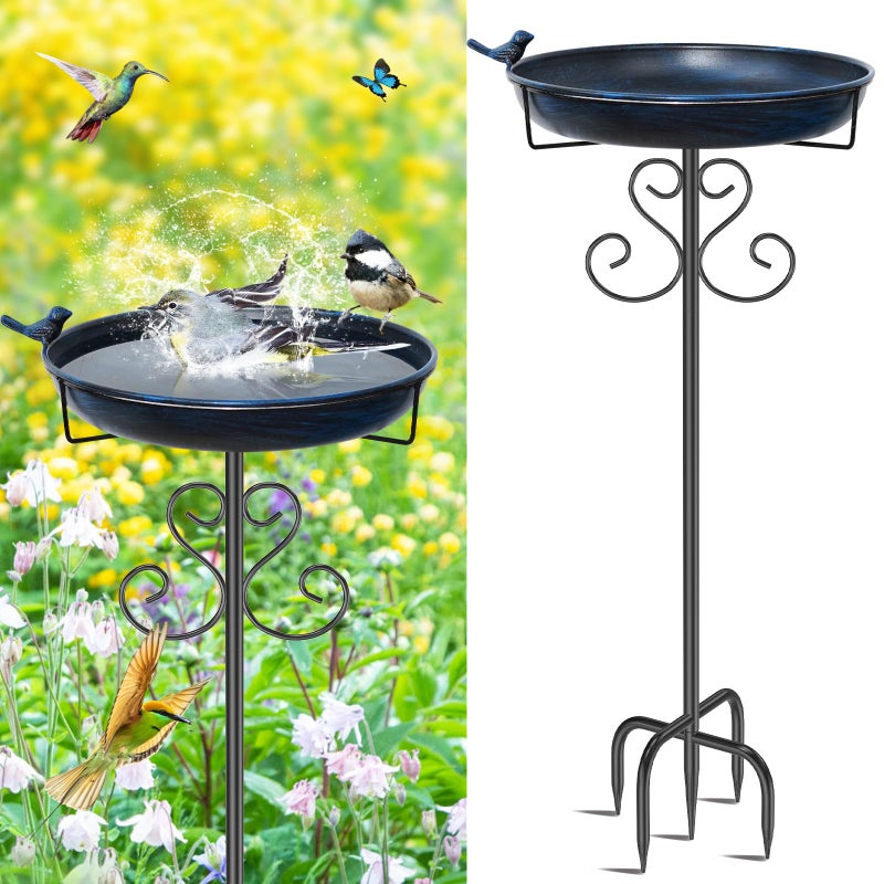 ODSNANIE Metal Bird Bath for Outside, 40 Inch Tall Vintage Freestanding Birdbaths Bowl with Bird Statue, Sturdy 5-Pronged Base Birdfeeder for Outdoors Garden Patio Yard Lawn Decor (Vintage Blue) - Image 1