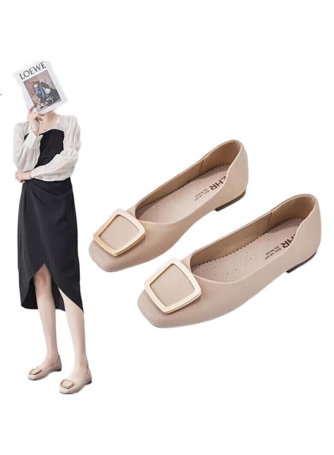ZHR Women'S Genuine Leather Single Shoes Shallow Mouth Flat Bottom Women'S Shoes Comfortable Soft Bottom Commuting Square Buckle Shoes Women Ah157 Apricot 39 - Image 2
