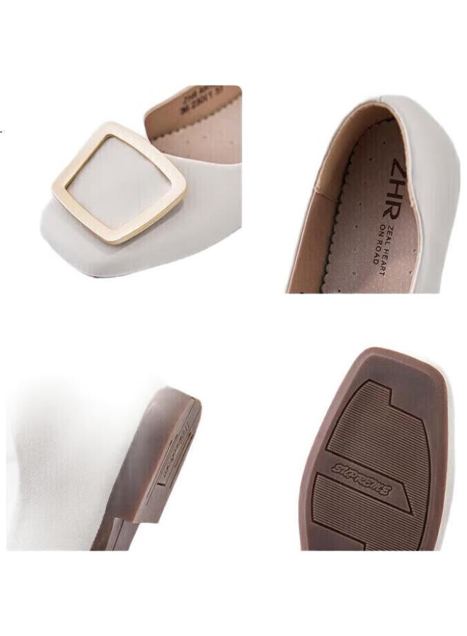ZHR Women'S Genuine Leather Single Shoes Shallow Mouth Flat Bottom Women'S Shoes Comfortable Soft Bottom Commuting Square Buckle Shoes Women Ah157 Apricot 39 - Image 1