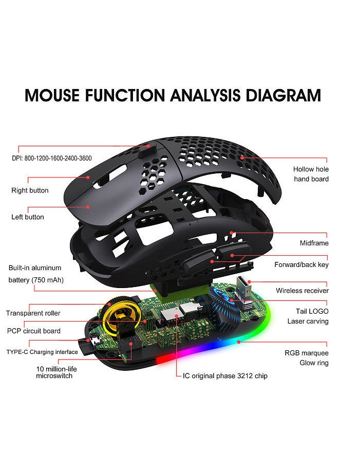 HXSJ - T90 Three Mode Wireless Mouse BT 3.0 + 5.0 + 2.4G Wireless Charging Mouse RGB Lighting with Adjustable DPI Black - Image 1