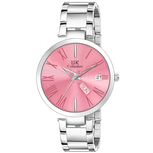 IIK COLLECTION Watches For Women Round Studded Dial, Day And Date Quartz Movemnet, Long Battery Life, Stainless Steel Bracelet Chain Strap, Double Lock Clasp Safety Watches For Girls - Analogue, Pink - Image 1