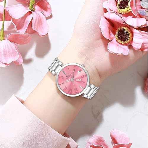 IIK COLLECTION Watches For Women Round Studded Dial, Day And Date Quartz Movemnet, Long Battery Life, Stainless Steel Bracelet Chain Strap, Double Lock Clasp Safety Watches For Girls - Analogue, Pink - Image 3
