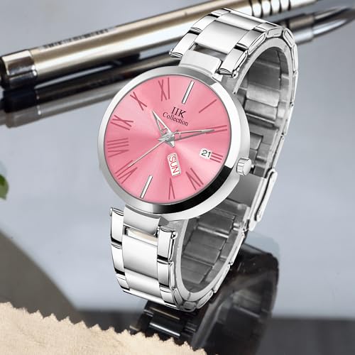 IIK COLLECTION Watches For Women Round Studded Dial, Day And Date Quartz Movemnet, Long Battery Life, Stainless Steel Bracelet Chain Strap, Double Lock Clasp Safety Watches For Girls - Analogue, Pink - Image 5