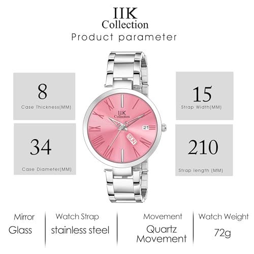 IIK COLLECTION Watches For Women Round Studded Dial, Day And Date Quartz Movemnet, Long Battery Life, Stainless Steel Bracelet Chain Strap, Double Lock Clasp Safety Watches For Girls - Analogue, Pink - Image 4