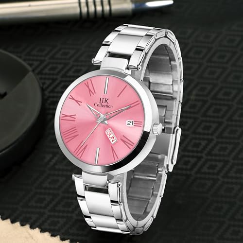IIK COLLECTION Watches For Women Round Studded Dial, Day And Date Quartz Movemnet, Long Battery Life, Stainless Steel Bracelet Chain Strap, Double Lock Clasp Safety Watches For Girls - Analogue, Pink - Image 2