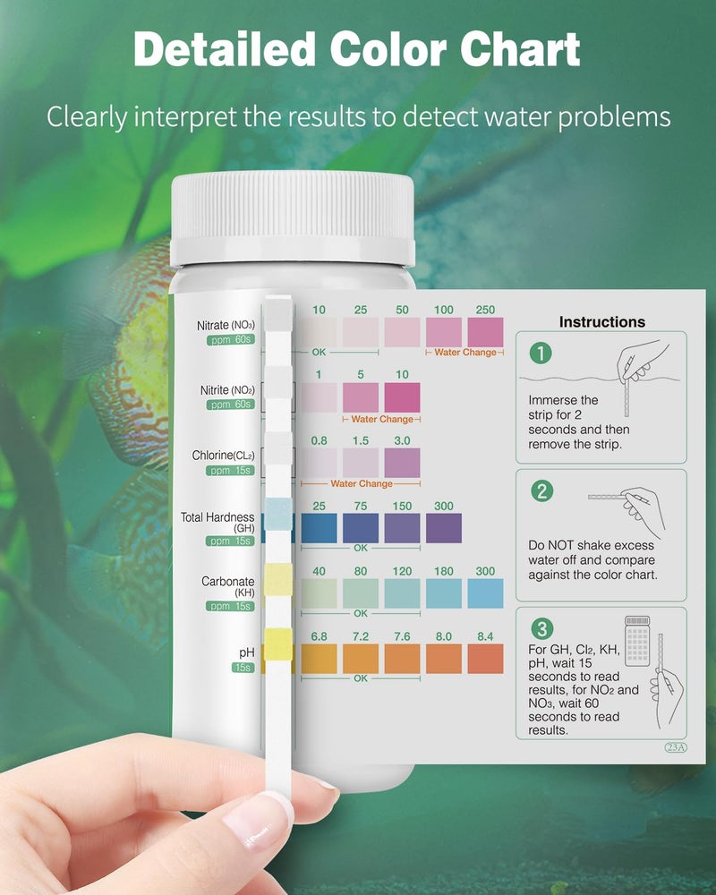 Pawfly 6 in 1 Aquarium Test Strips, 100 Strips Fish Tank Testing Strips for pH Chlorine Nitrate Nitrite Carbonate and Hardness Water Quality Freshwater Saltwater Test Kits - Image 4