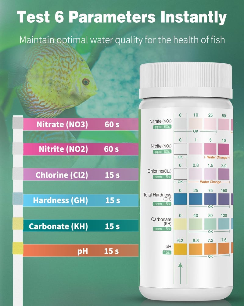 Pawfly 6 in 1 Aquarium Test Strips, 100 Strips Fish Tank Testing Strips for pH Chlorine Nitrate Nitrite Carbonate and Hardness Water Quality Freshwater Saltwater Test Kits - Image 3