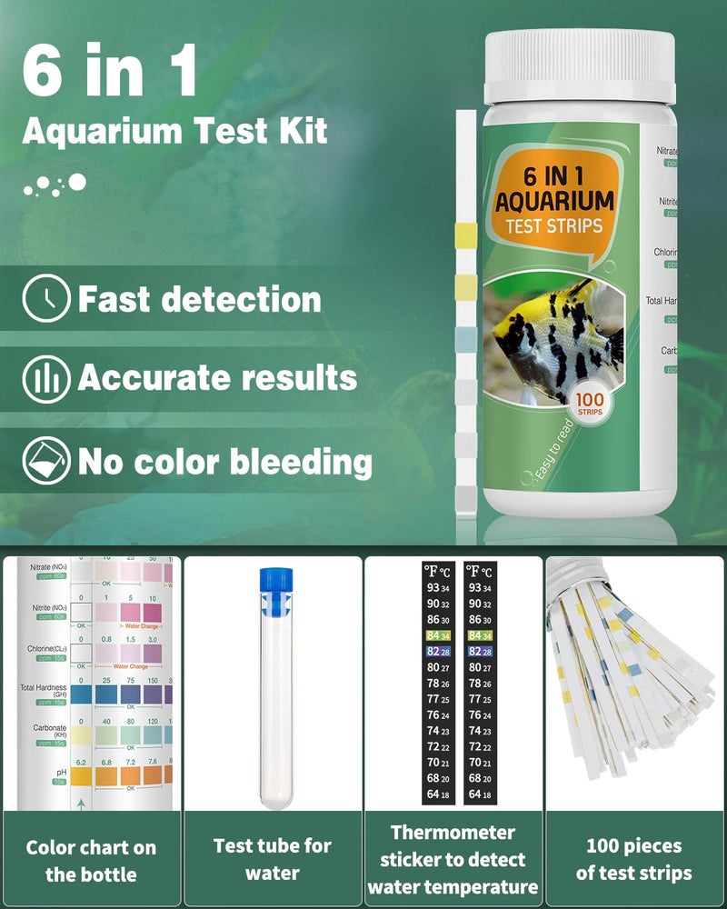 Pawfly 6 in 1 Aquarium Test Strips, 100 Strips Fish Tank Testing Strips for pH Chlorine Nitrate Nitrite Carbonate and Hardness Water Quality Freshwater Saltwater Test Kits - Image 2
