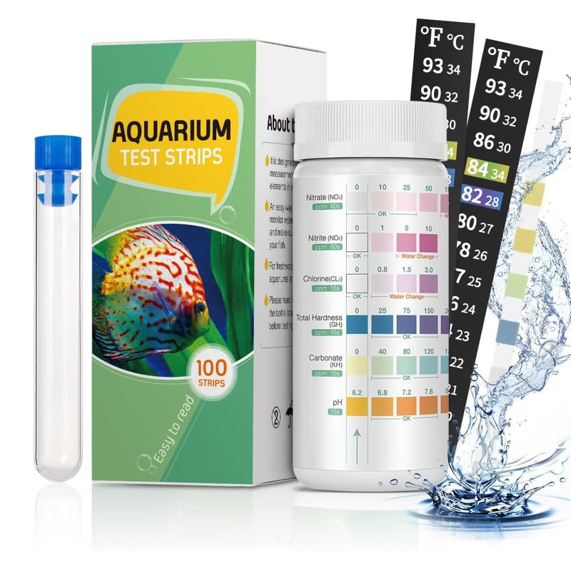 Pawfly 6 in 1 Aquarium Test Strips, 100 Strips Fish Tank Testing Strips for pH Chlorine Nitrate Nitrite Carbonate and Hardness Water Quality Freshwater Saltwater Test Kits - Image 1