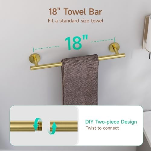 USHOWER Brushed Gold Bathroom Accessories Set, 18-Inch Towel Bar Set Wall Mounted, Durable SUS304 Stainless Steel Bathroom Hardware Set, 4-Piece - Image 2