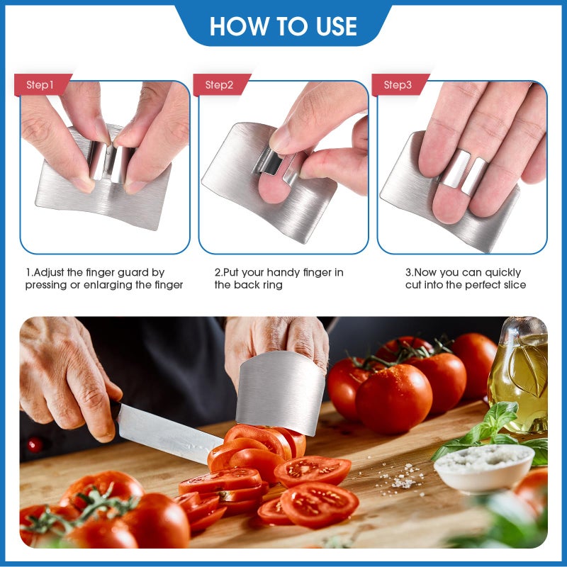 Romooa 11 Pieces Finger Guard Set for Cutting Include 4 Stainless Steel Knife Cutting Protector 2 Thumb Guard Protector 2 Finger Cots Potato Butter Lettuce Crinkle Cutter Onion Holder Slicer Mandoline Slicer - Image 5