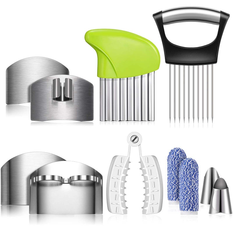 Romooa 11 Pieces Finger Guard Set for Cutting Include 4 Stainless Steel Knife Cutting Protector 2 Thumb Guard Protector 2 Finger Cots Potato Butter Lettuce Crinkle Cutter Onion Holder Slicer Mandoline Slicer - Image 1