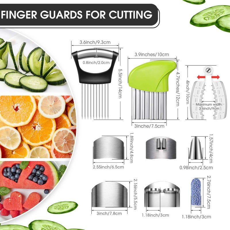 Romooa 11 Pieces Finger Guard Set for Cutting Include 4 Stainless Steel Knife Cutting Protector 2 Thumb Guard Protector 2 Finger Cots Potato Butter Lettuce Crinkle Cutter Onion Holder Slicer Mandoline Slicer - Image 2