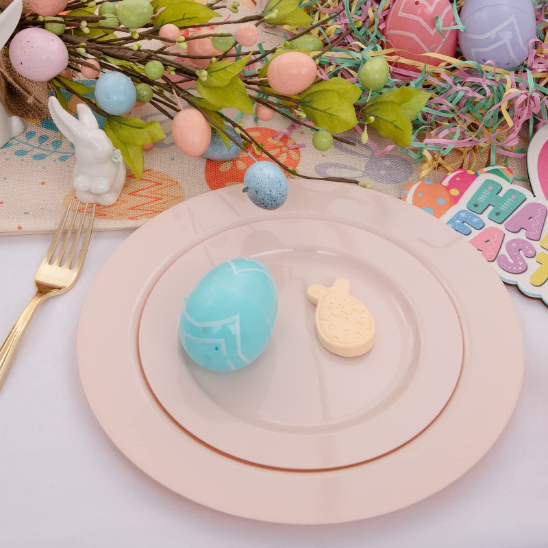 FLOWERCAT 60PCS Pink Plastic Plates - Heavy Duty Pink Plates Disposable for Easter Party&Mother's Day/Wedding - serving 30 guests Include 30PCS 10.25inch & 30PCS 7.5inch - Image 2