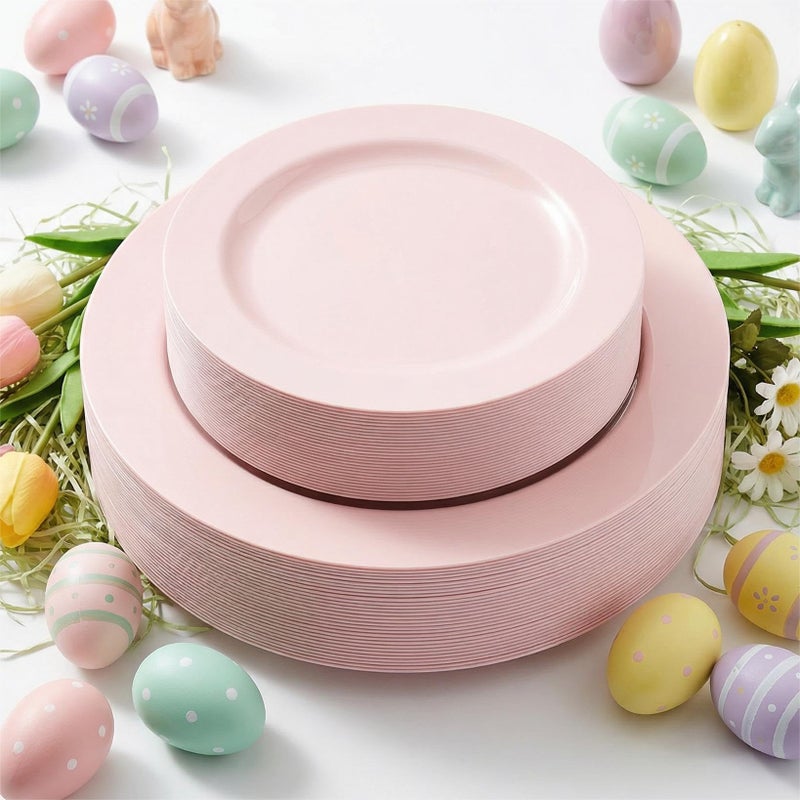 FLOWERCAT 60PCS Pink Plastic Plates - Heavy Duty Pink Plates Disposable for Easter Party&Mother's Day/Wedding - serving 30 guests Include 30PCS 10.25inch & 30PCS 7.5inch - Image 1
