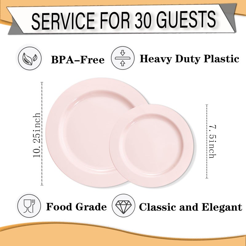 FLOWERCAT 60PCS Pink Plastic Plates - Heavy Duty Pink Plates Disposable for Easter Party&Mother's Day/Wedding - serving 30 guests Include 30PCS 10.25inch & 30PCS 7.5inch - Image 3
