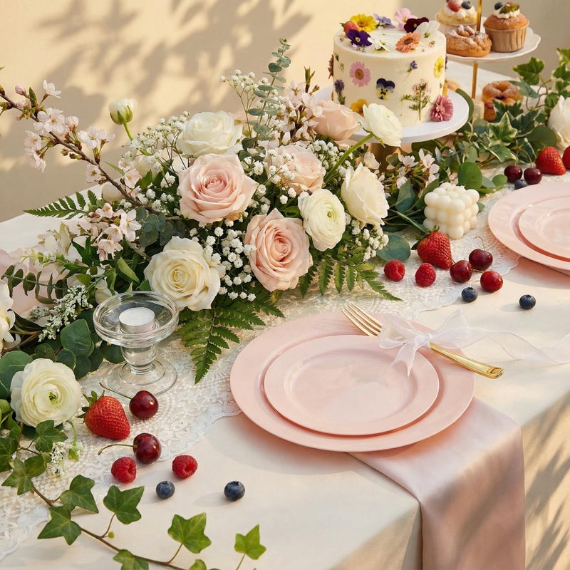 FLOWERCAT 60PCS Pink Plastic Plates - Heavy Duty Pink Plates Disposable for Easter Party&Mother's Day/Wedding - serving 30 guests Include 30PCS 10.25inch & 30PCS 7.5inch - Image 4