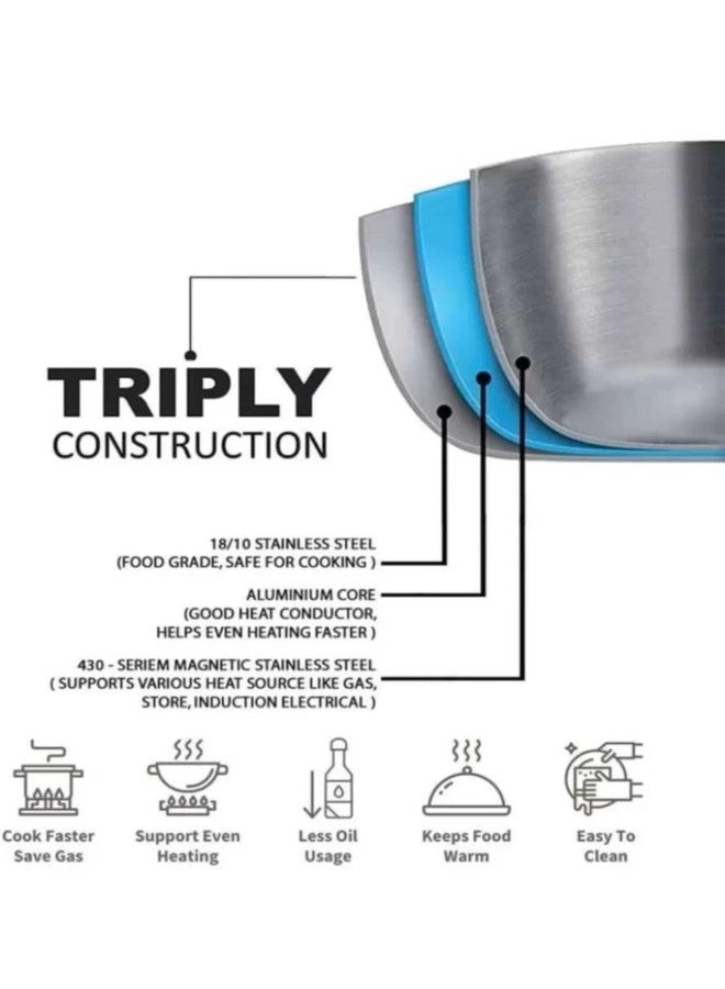 WEKTU TRIPLY Stainless Steel DEEP Fry PAN/Wok PAN with LID Wok with Lid 1.7 L Capacity 20 cm Diameter (Triply, Induction Bottom) - Image 3