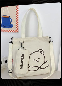 Joychic Lovely Bear Printed Student Shoulder Bag Portable Large Capacity Bookbag Foldable Tote Canvas Bag with Pencil Pouch White  - Image 1