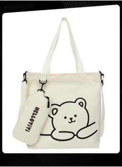 Joychic Lovely Bear Printed Student Shoulder Bag Portable Large Capacity Bookbag Foldable Tote Canvas Bag with Pencil Pouch White  - Image 3