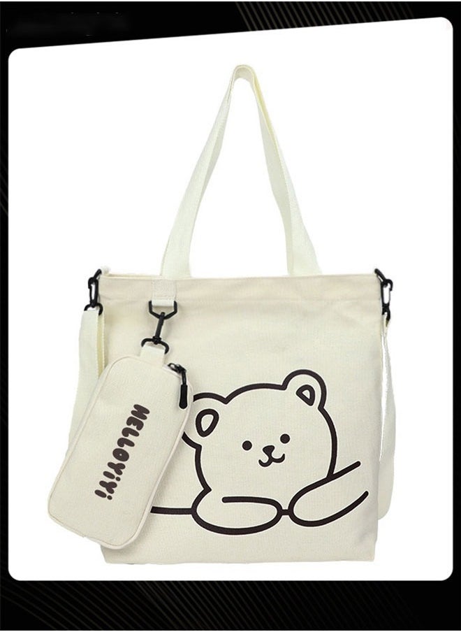 Joychic Lovely Bear Printed Student Shoulder Bag Portable Large Capacity Bookbag Foldable Tote Canvas Bag with Pencil Pouch White  - Image 3