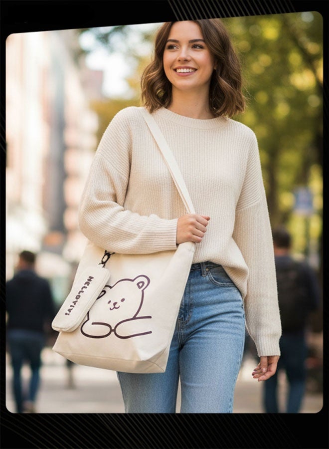 Joychic Lovely Bear Printed Student Shoulder Bag Portable Large Capacity Bookbag Foldable Tote Canvas Bag with Pencil Pouch White - Image 1