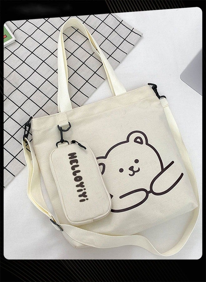 Joychic Lovely Bear Printed Student Shoulder Bag Portable Large Capacity Bookbag Foldable Tote Canvas Bag with Pencil Pouch White - Image 3