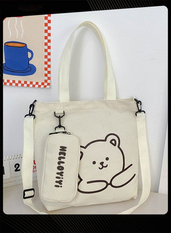 Joychic Lovely Bear Printed Student Shoulder Bag Portable Large Capacity Bookbag Foldable Tote Canvas Bag with Pencil Pouch White - Image 2