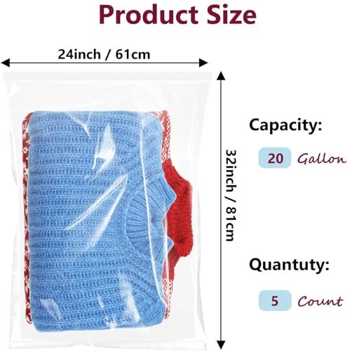 Cupplation Extra Large Plastic Bags With Zipper Top, 24x32in,3-Mil Thick,5 Pack,Storage Bags for Clothes,Travel, Moving, Reusable,Heavy-Duty,BPA-Free, Clear Plastic - Image 2