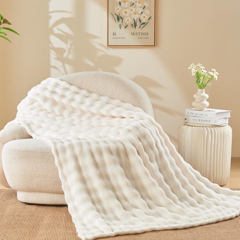 NEWCOSPLAY Throw Blanket for Couch Ivory Super Soft Flannel Fleece 3D Bubble Lightweight Bed Blanket All Season Use Ivory Throw50x60