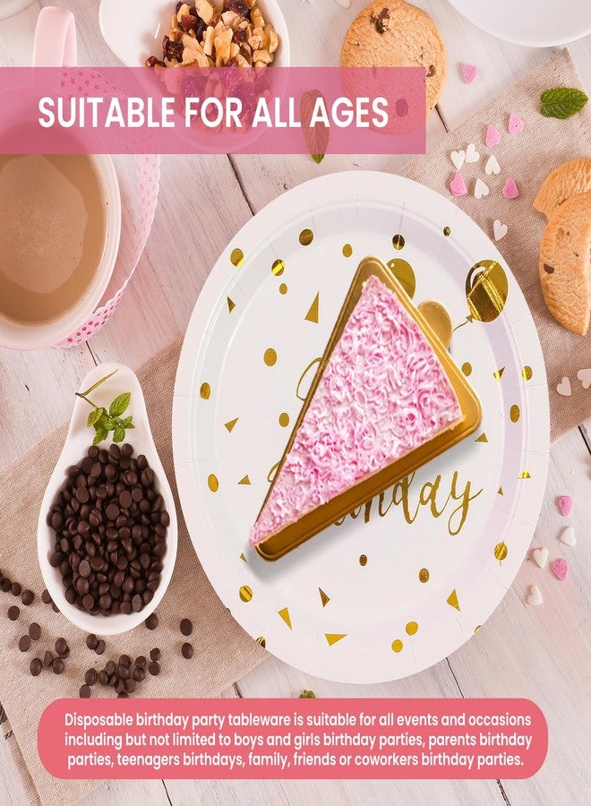 PUEVENYI 75PCS Happy Birthday Paper Plates - 7 Inch White Gold Dot Paper Plates and 6.5 Inch Napkins with 6.3 Inch Forks Disposable Tableware Set for Birthday Party Decorations, Serves 25 - Image 5