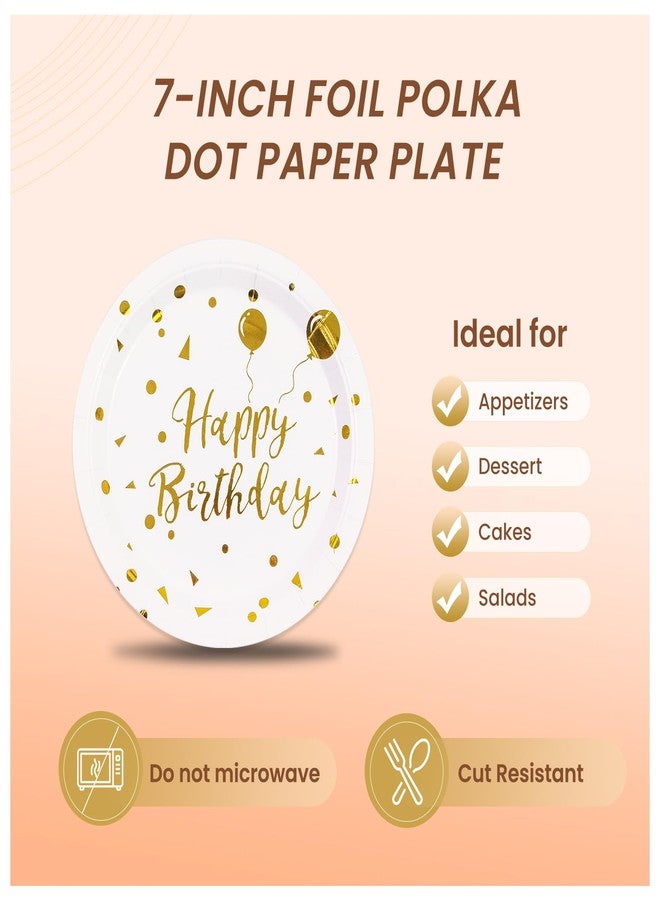 PUEVENYI 75PCS Happy Birthday Paper Plates - 7 Inch White Gold Dot Paper Plates and 6.5 Inch Napkins with 6.3 Inch Forks Disposable Tableware Set for Birthday Party Decorations, Serves 25 - Image 3