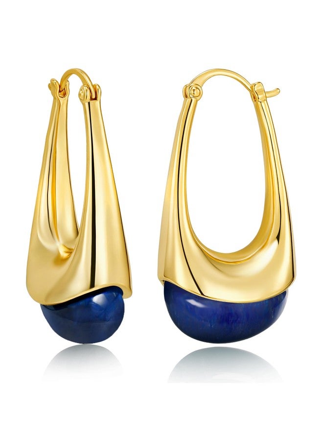 SNGIA Long Oval Chunky Dangle 18K gold plated Hoops with Colored Resin Gemstone Statement Earrings for Women by SNGIA, (Green, Brown, Blue, Pink, White, Cream), Bold Drop Handmade Exaggerated - Image 1