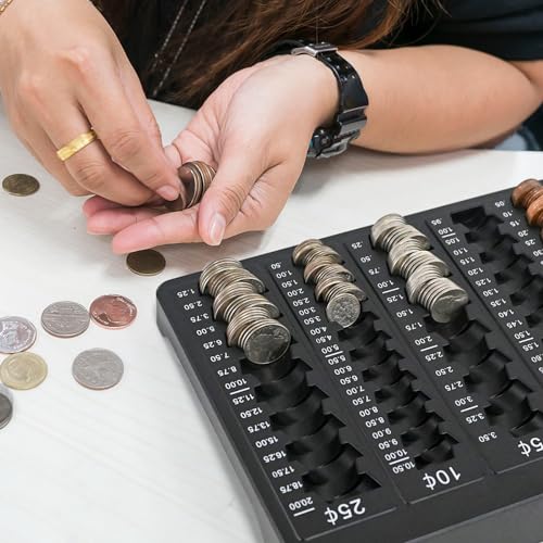 L LIKED 1PCS Black Coin Counter Tray -Change Counter Coin Counting and Sorting Tray with 150 Assort Coin Wrappers Included-5 Compartments Slots for Organization Pennies, Nickels, Dimes, and Quarters - Image 5