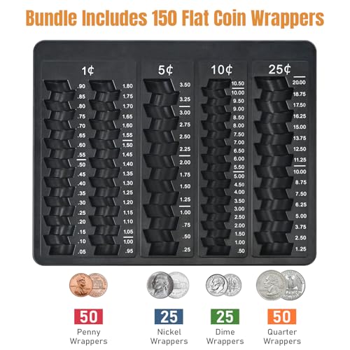 L LIKED 1PCS Black Coin Counter Tray -Change Counter Coin Counting and Sorting Tray with 150 Assort Coin Wrappers Included-5 Compartments Slots for Organization Pennies, Nickels, Dimes, and Quarters - Image 2