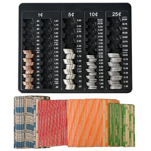 L LIKED 1PCS Black Coin Counter Tray -Change Counter Coin Counting and Sorting Tray with 150 Assort Coin Wrappers Included-5 Compartments Slots for Organization Pennies, Nickels, Dimes, and Quarters - Image 1