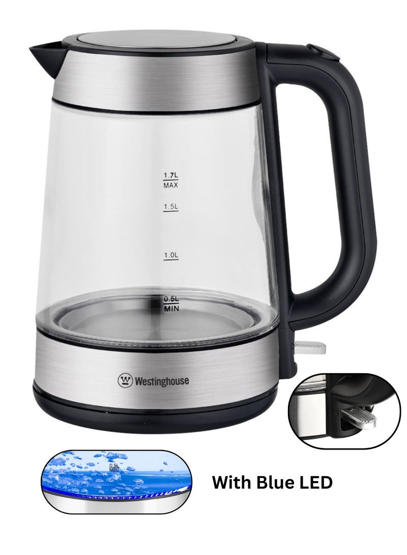 Westinghouse 2200W Electric Glass Kettle, Transparent with Blue Illumination, 1.7L, Cordless Serving, 360° Swivel Base, Auto/Manual Shut-Off, Boil Dry Protection - Image 1