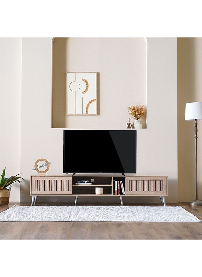 DANUBE HOME خزانة تلفزيون كبيرة من ألفا حتى 80 بوصة مع وحدة تلفزيون حائطية للترفيه وحامل تلفزيون خشبي ورف وطاولة وحدة تحكم للوسائط لغرفة المعيشة مقاس L 200x40x44.5 سم من خشب البلوط سونوما  - Image 1
