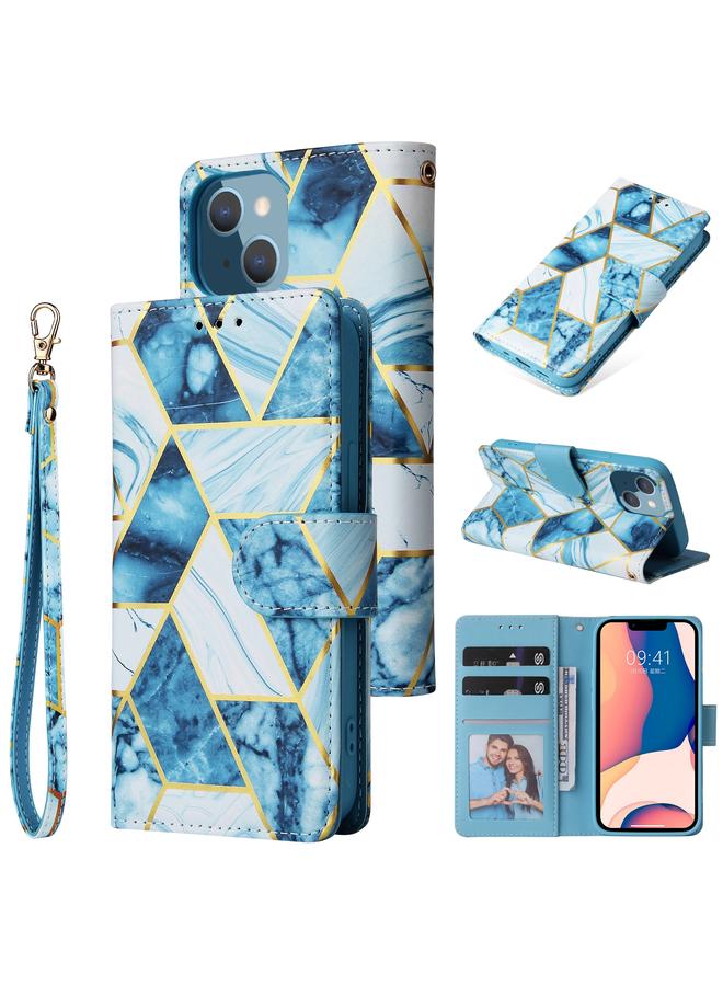 اس-توب جراب لهاتف iPhone 14 Plus مصنوع من جلد البولي يوريثان مع خياطة برونزية رخامية أفقية - Image 1