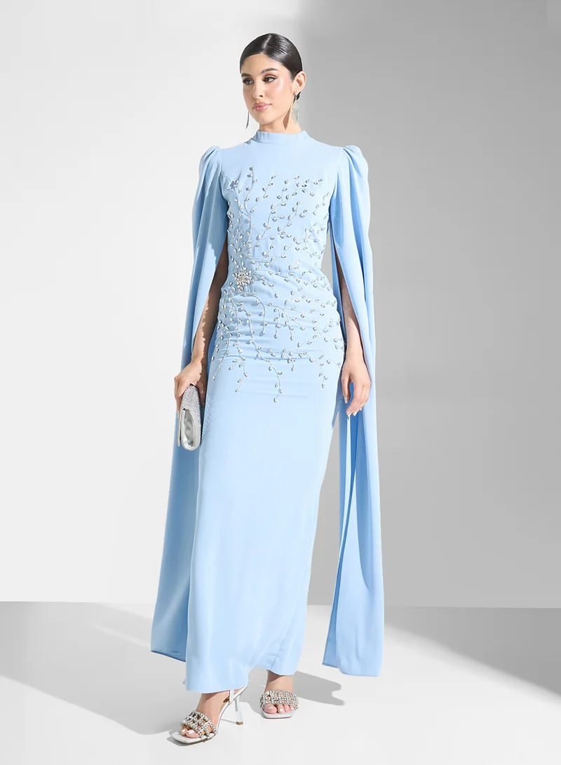 Akadia Fashion Embellished Cape Maxi Dress