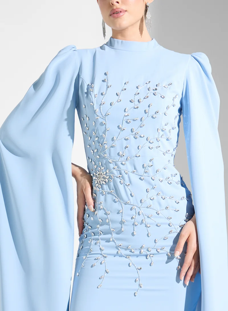 Akadia Fashion Embellished Cape Maxi Dress