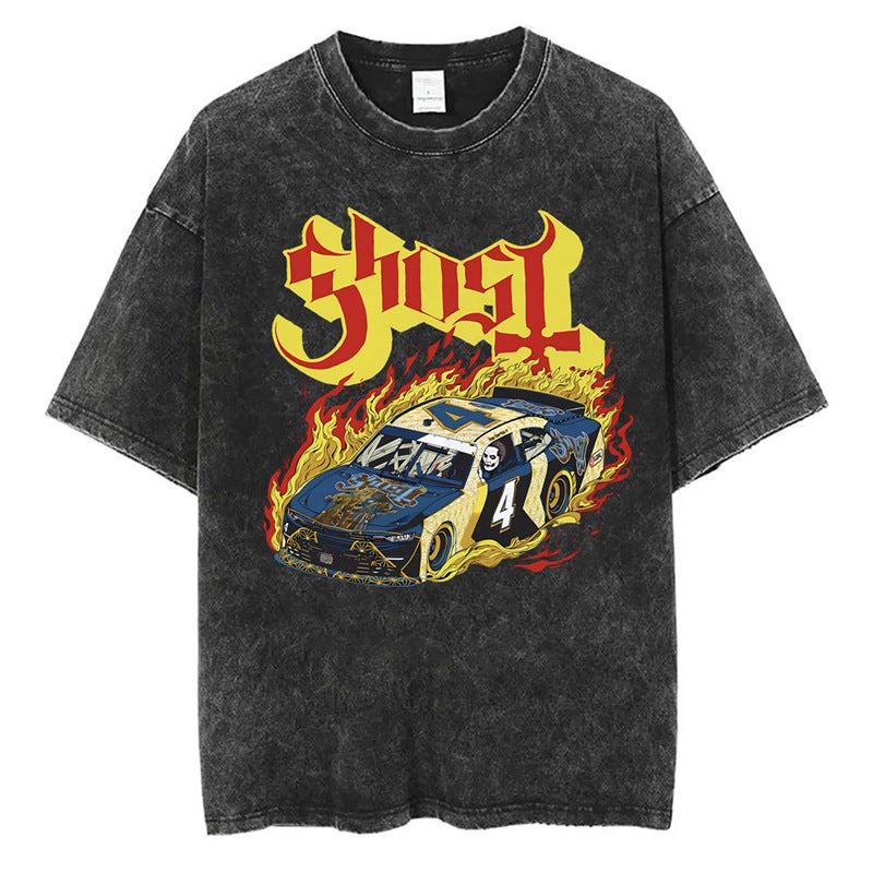 T-Shirt T-Shirt Band Station Gothic Comfortable Washed Men And Women Loose Ghost 2025 Independent Retro New Style - Image 1