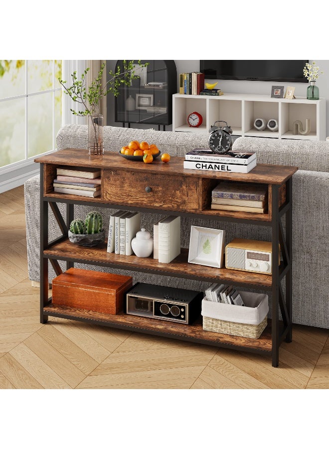Forthcan Rustic Console Table with Drawer and 3-Tier Open Shelves, Industrial Entryway Table Sofa Table Storage Organizer for Living Room, Hallway, Kitchen and Dining Room - Image 4