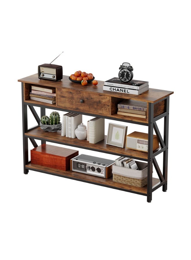 Forthcan Rustic Console Table with Drawer and 3-Tier Open Shelves, Industrial Entryway Table Sofa Table Storage Organizer for Living Room, Hallway, Kitchen and Dining Room - Image 1