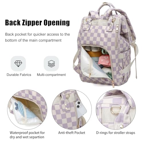 Dezcrab Baby Diaper Bag Backpack for Mom, Large Capacity Travel Nappy Bag for Boys & Girls with Stroller Straps (Corduroy Checkered Purple) - Image 4