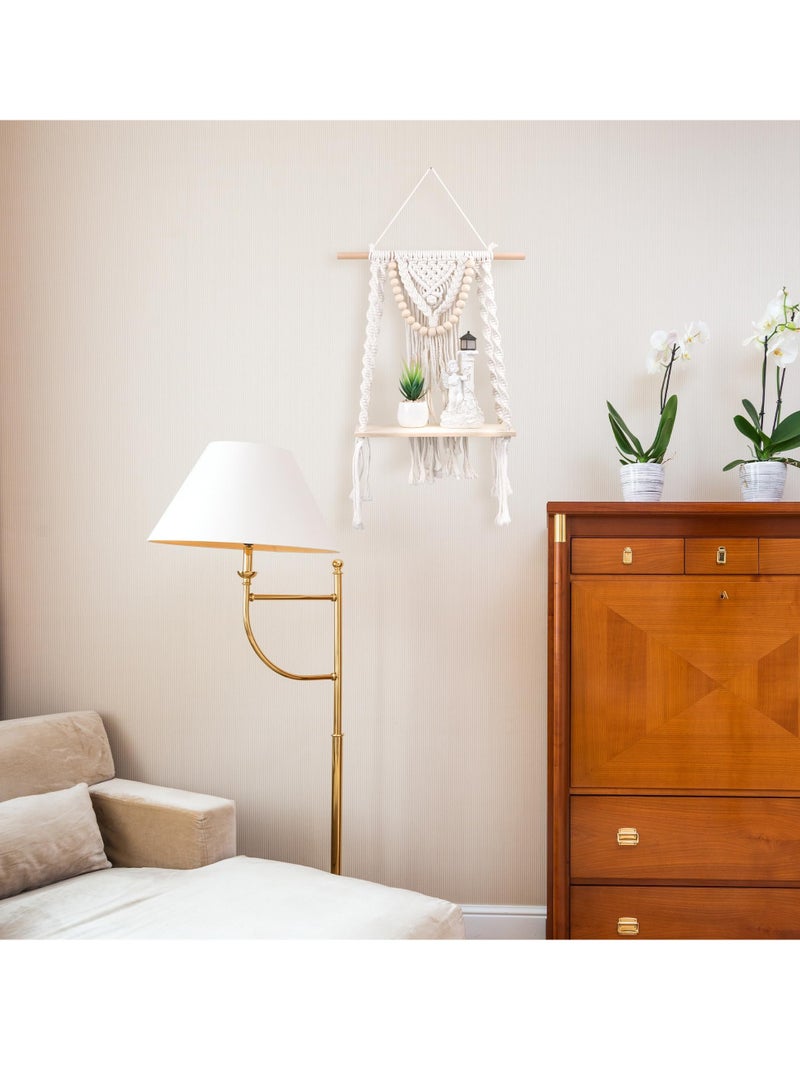 Excefore Macrame Wall Hanging Shelf, Handmade Boho Decor Wood Floating Shelf for Bedroom Living Room Nursery Bathroom, Handmade Woven Rope Storage Organizer Rack for Photo Frames Plant Display - Image 4